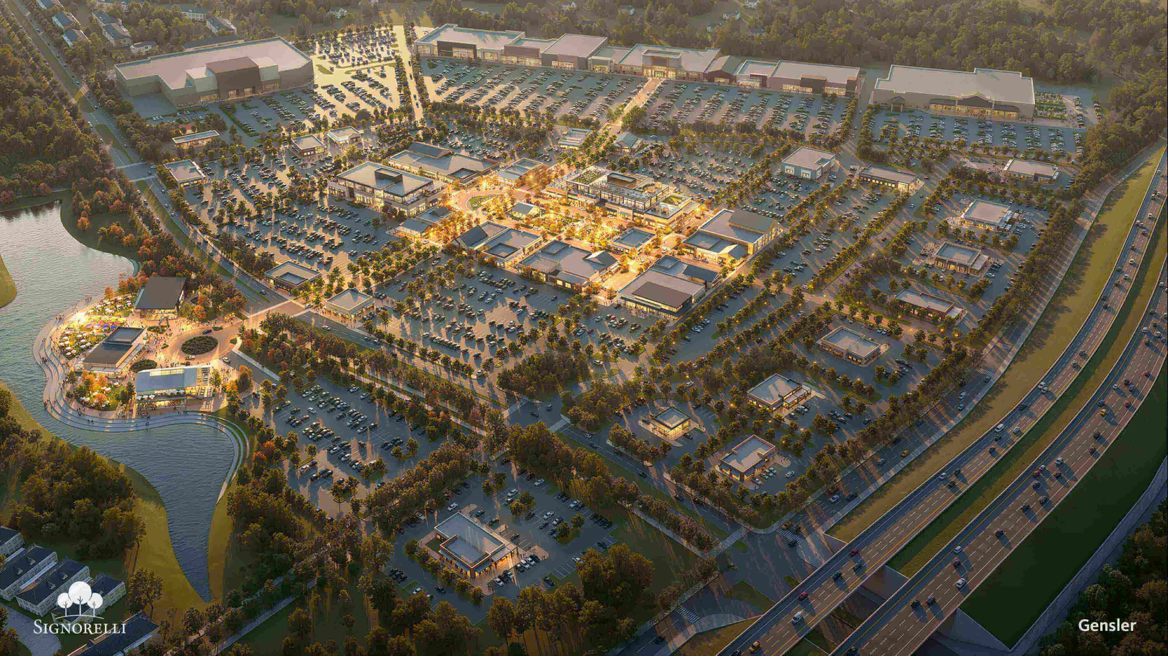Aerial rendering of a Signorelli retail and mixed-use development at sunset with a lakefront plaza and highway access